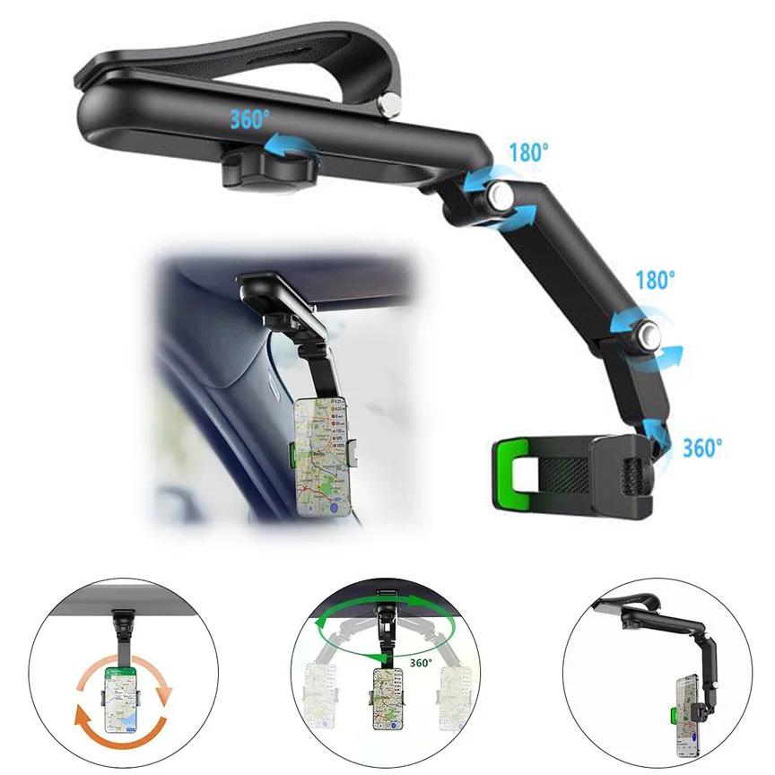 Soporte para Teléfono de Coche con Visera Solar Multifuncional de 1080°, Rotación de 360°, Adecuado para Cualquier Escenario
